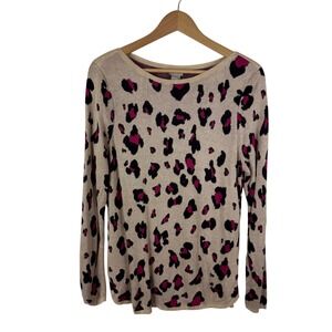 Chicos Animal Print Bateau Sweater Size 1 Medium‎ Pink Soft Pullover Long Sleeve